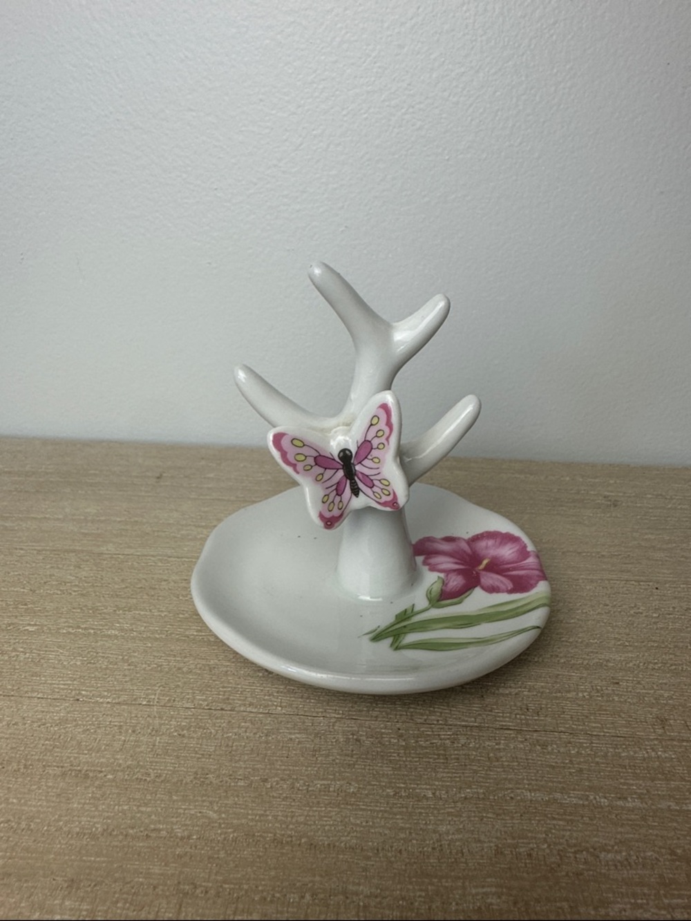 White Ceramic Jewelry Tree Dish with Pink Butterfly